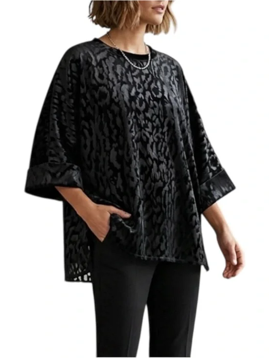 Adrienne Black Velvet Satin Leopard Burnout Oversized Boxy Top USA NWT Large - Picture 1 of 7